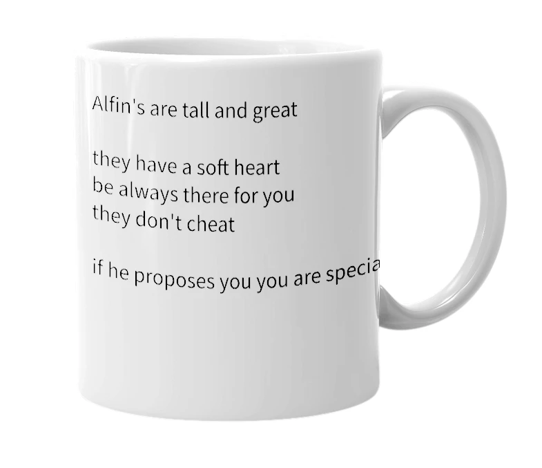 White mug with the definition of 'ALFIN'
