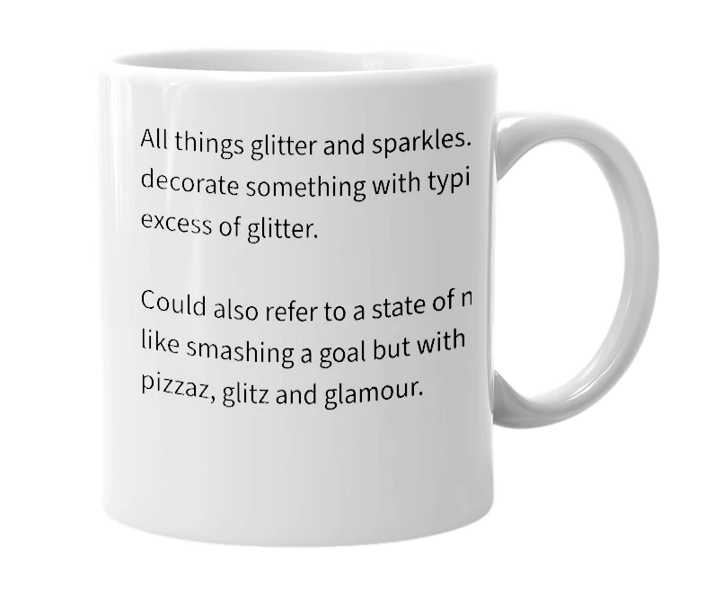 White mug with the definition of 'Glitterate'