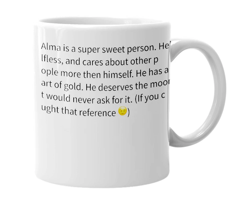 White mug with the definition of 'Alma'