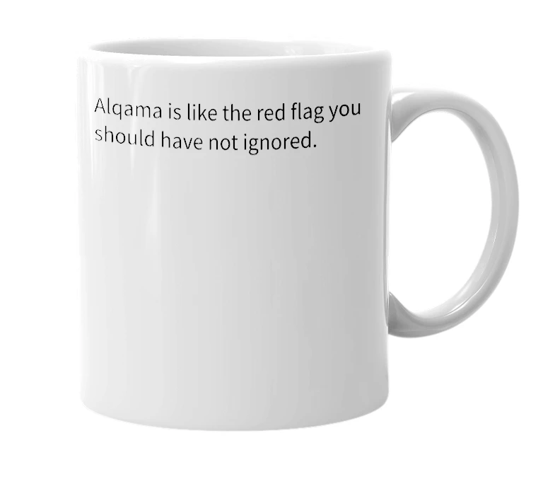 White mug with the definition of 'alqama'