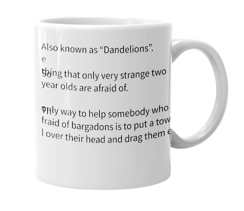 White mug with the definition of 'Bargadon'