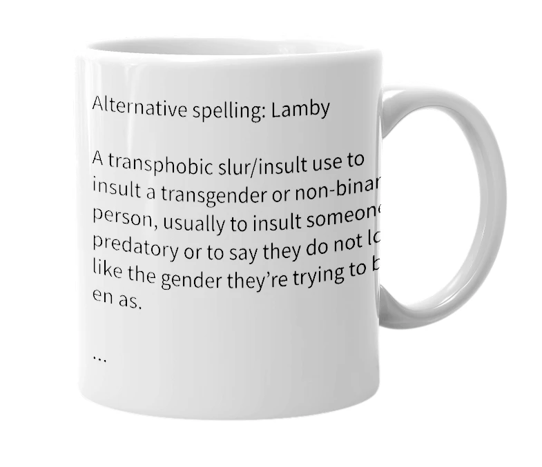 White mug with the definition of 'Lambie'