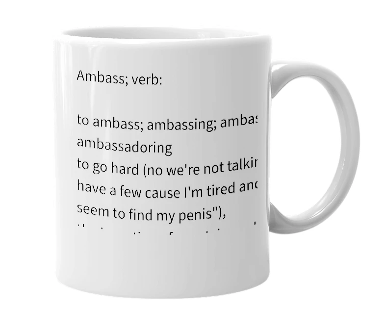 White mug with the definition of 'ambass'