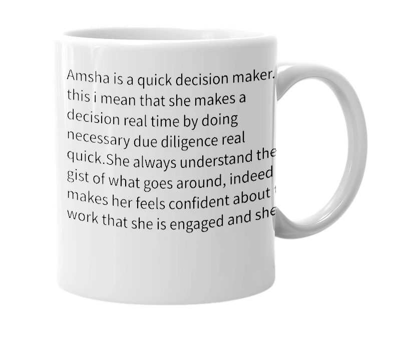 White mug with the definition of 'Amsha'