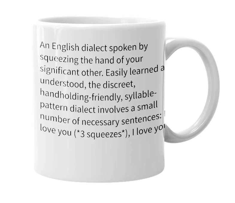 White mug with the definition of 'Squeezese (skwē zēz)'