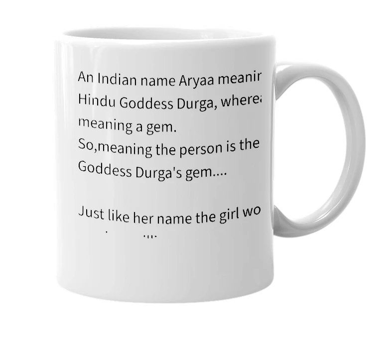 White mug with the definition of 'Aryaamani'