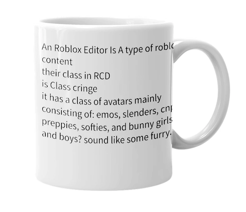 White mug with the definition of 'Roblox Editor'