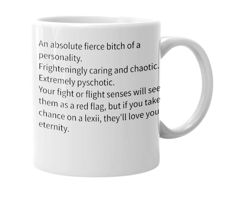 White mug with the definition of 'Lexii'