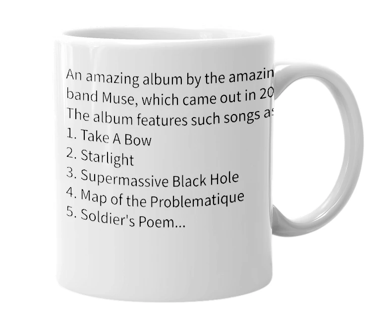 White mug with the definition of 'Black Holes and Revelations'