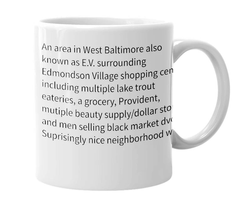 White mug with the definition of 'Edmondson Village'