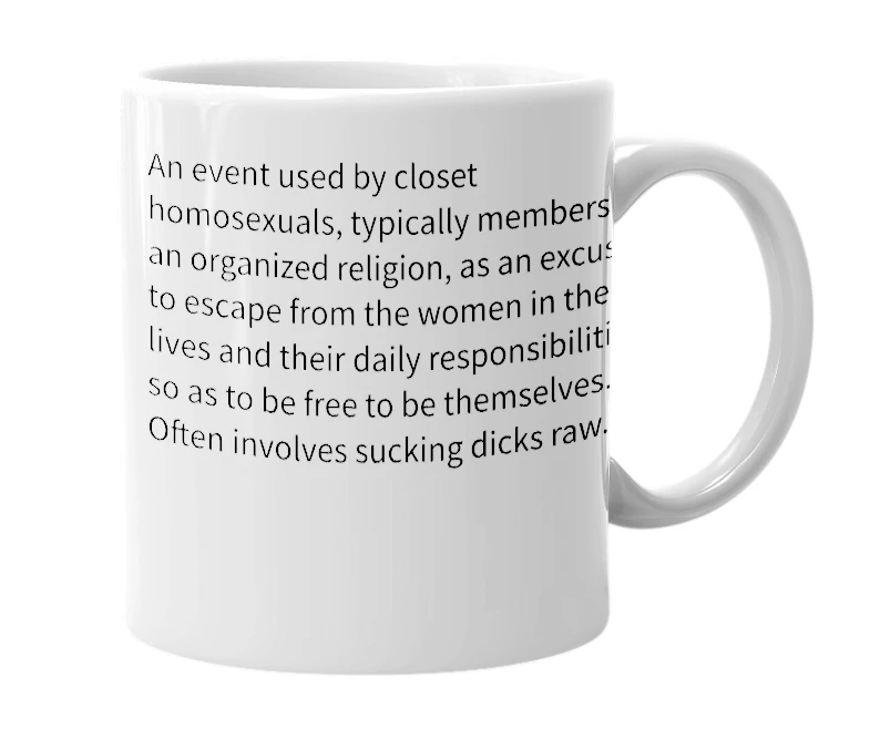 White mug with the definition of 'Men's Retreat'