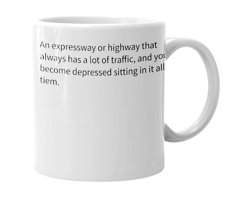 White mug with the definition of 'depressway'