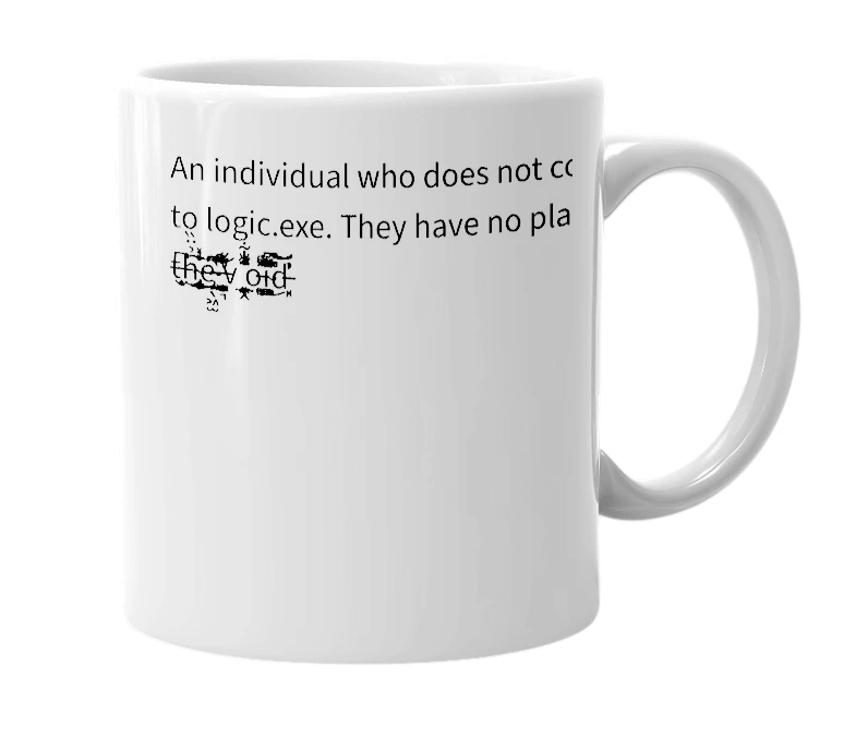 White mug with the definition of 'D ̮̬̺͉̘͉̄͑͊̆͐̂̅̈́Ů̶̡̺̟̻̣͍̣͇̩̣̜̋̓̾M̵̱͚͊͑̈́̈̽̓̃͌́̐̂̒̃̒͌͠͝M ̠̿̓̂̎̇̍̈̌̀̈́͗̔͝Y ͕͇̻̦̀̈̌͆Y'