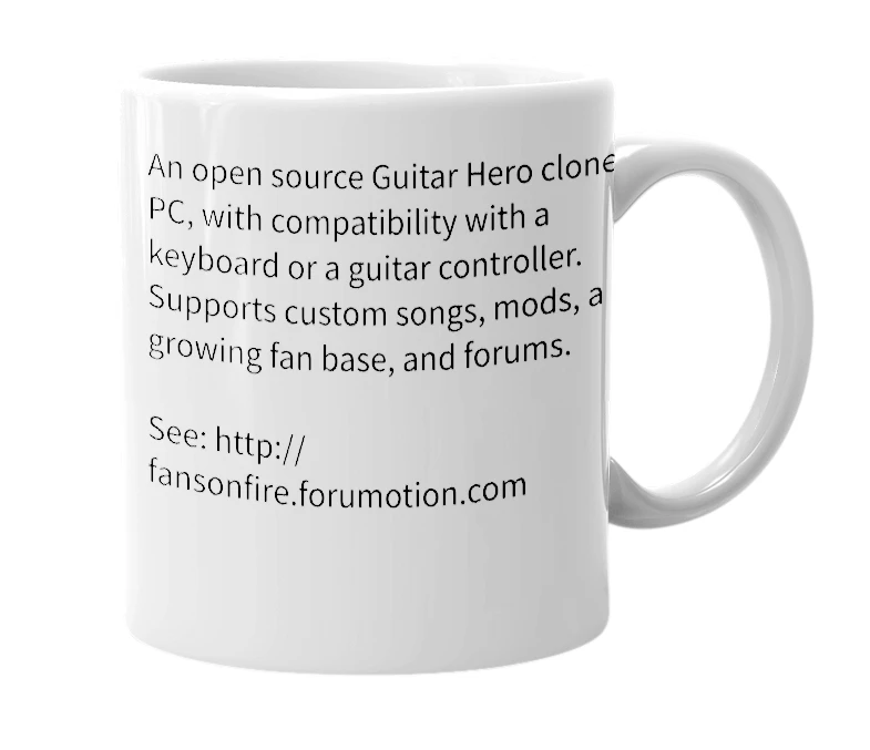 White mug with the definition of 'Frets on Fire'
