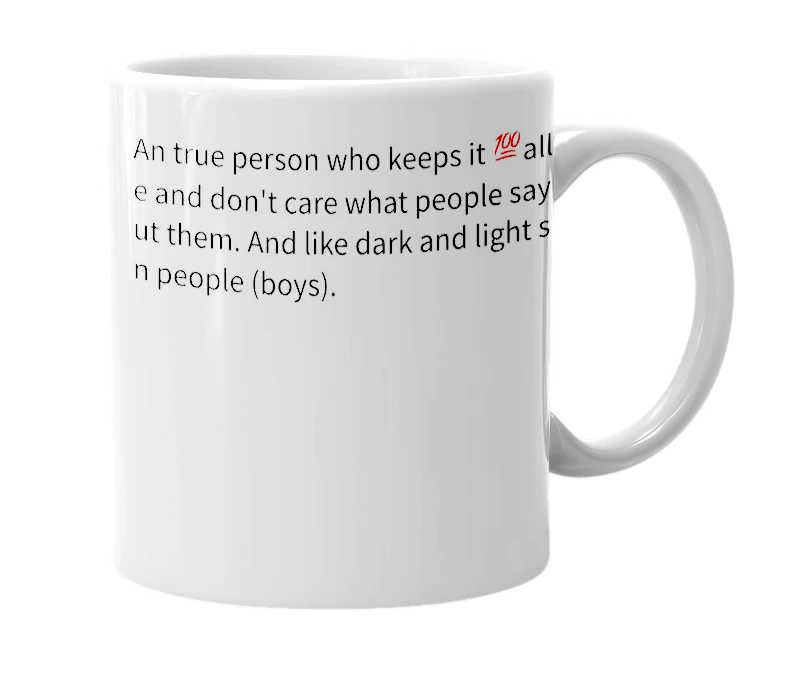 White mug with the definition of 'Rhaiven'