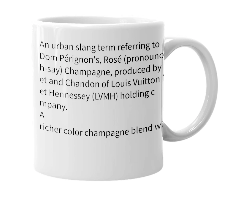 White mug with the definition of 'dom p rose'