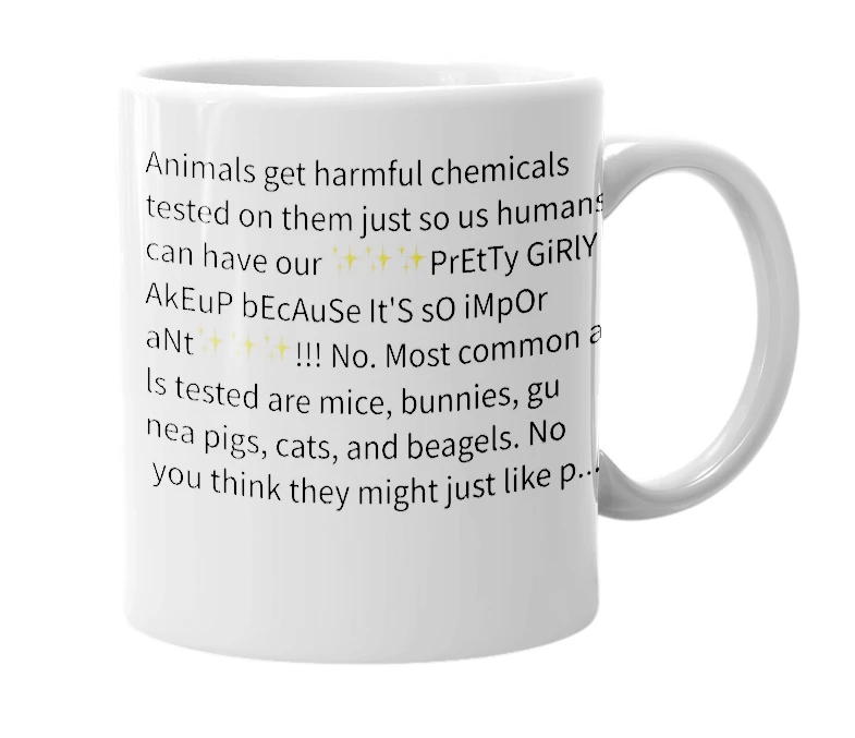 White mug with the definition of 'Animal Testing'