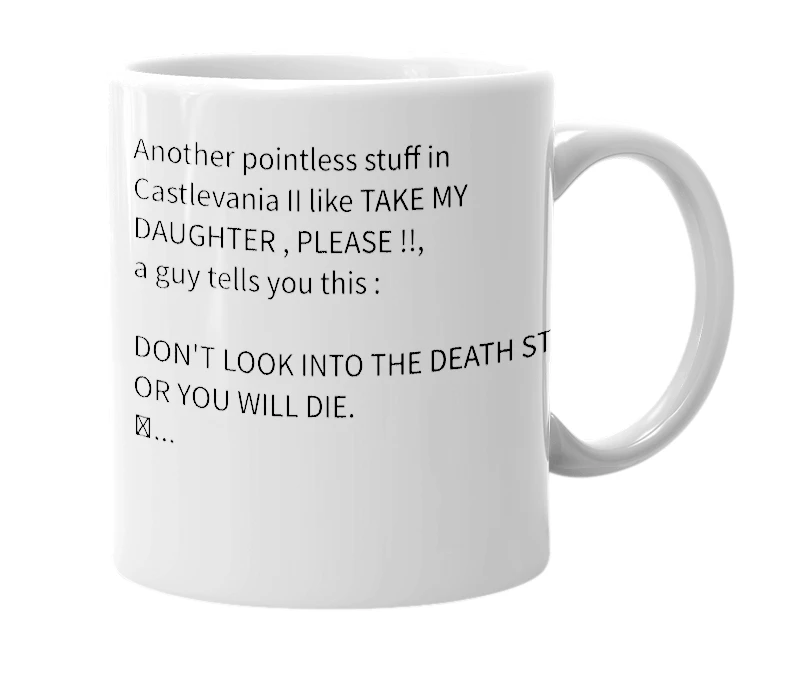 White mug with the definition of 'DON'T LOOK INTO THE DEATH STAR'