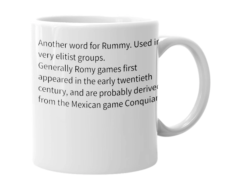 White mug with the definition of 'romy'