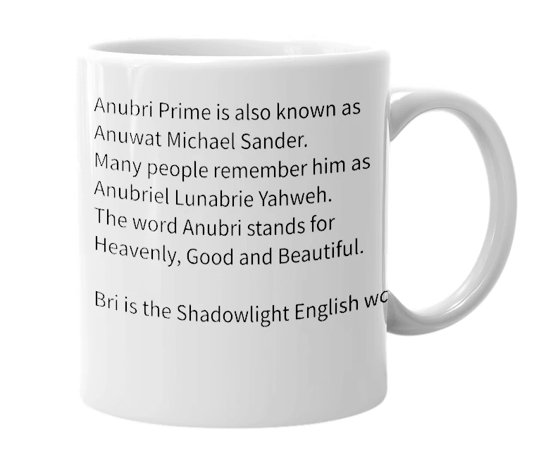 White mug with the definition of 'Anubri Prime'