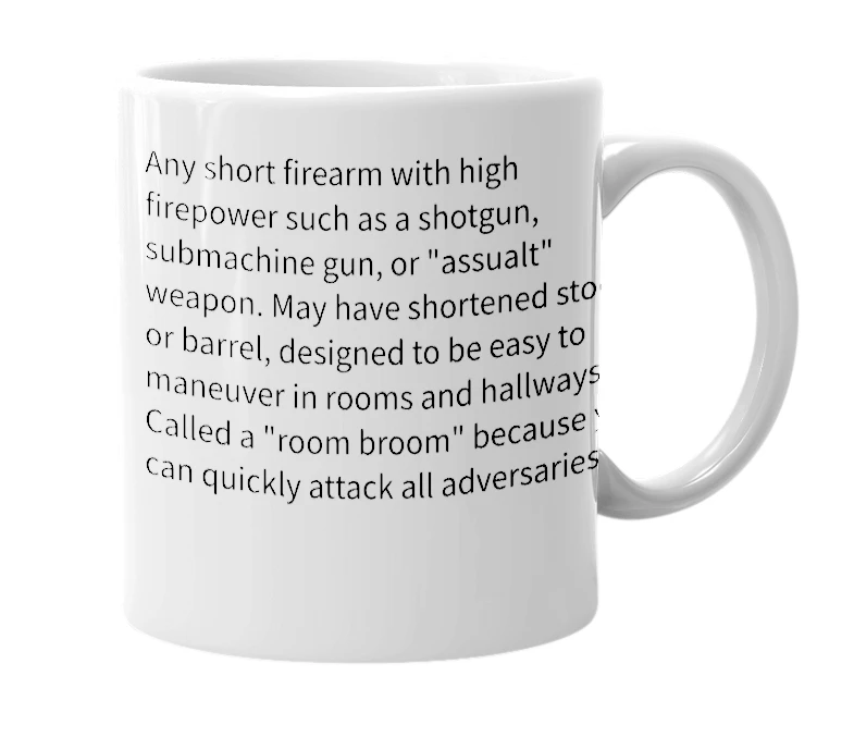 White mug with the definition of 'room broom'