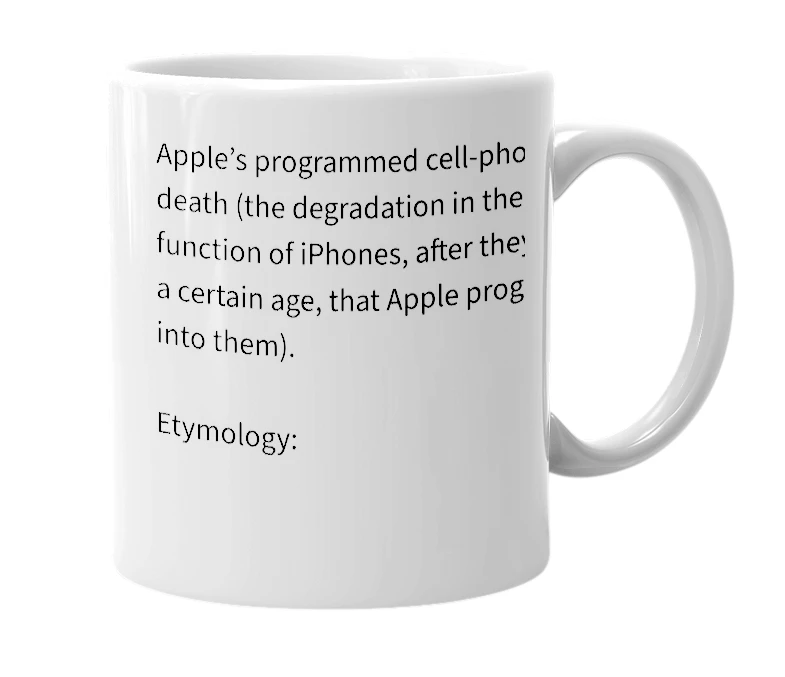 White mug with the definition of 'Apploptosis'