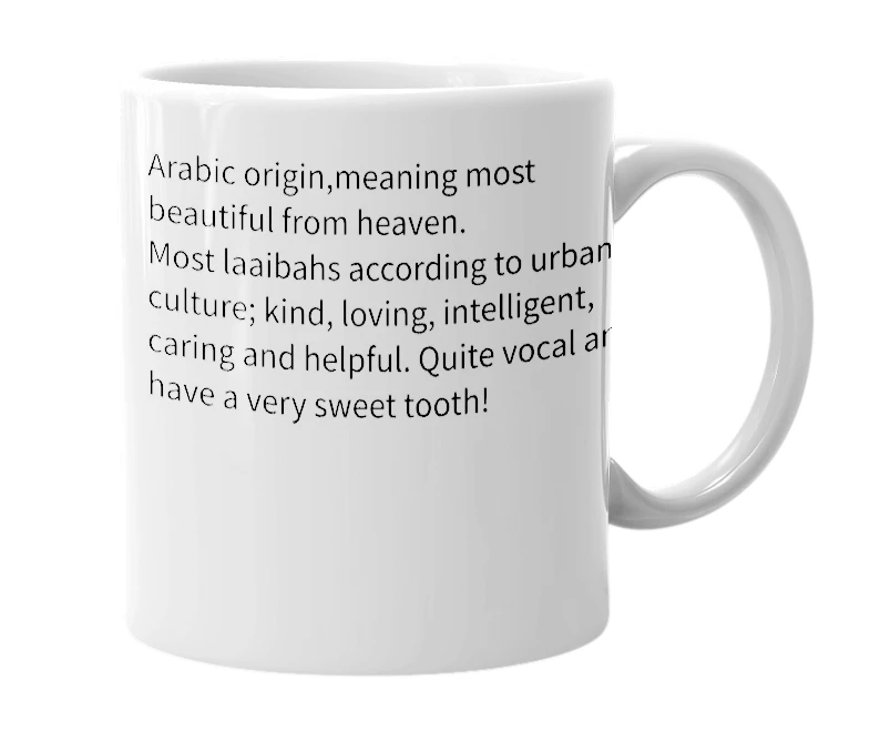 White mug with the definition of 'laaibah'