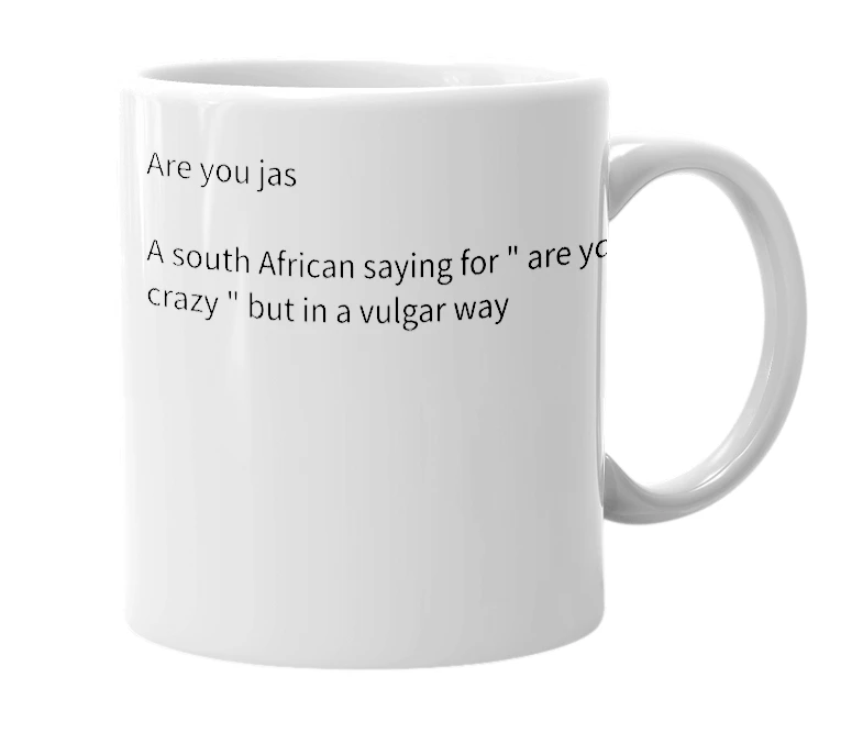 White mug with the definition of 'auj'