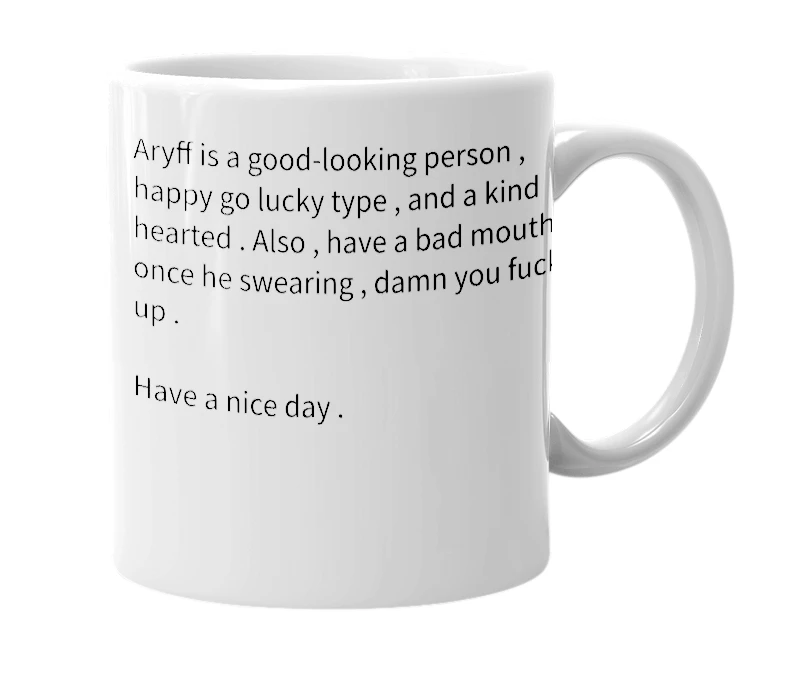White mug with the definition of 'aryff'
