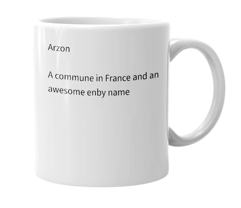 White mug with the definition of 'Arzon'
