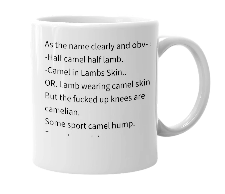 White mug with the definition of 'camelamb'