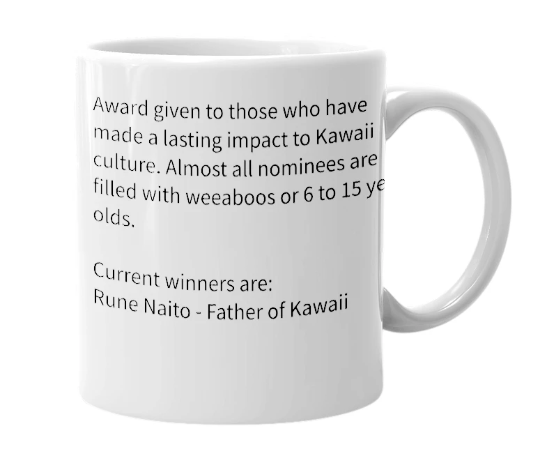White mug with the definition of 'Nobel Kawaii Prize'