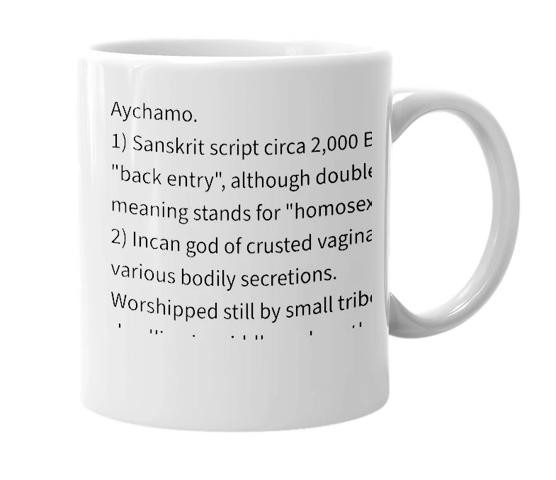 White mug with the definition of 'Aychamo.com'