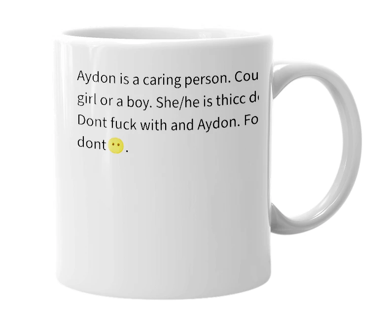 White mug with the definition of 'Aydon'
