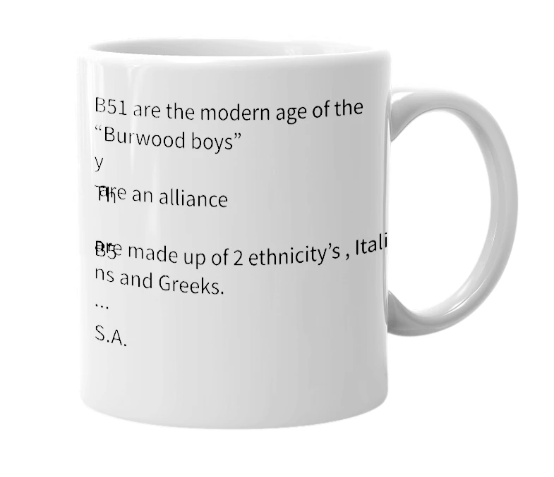White mug with the definition of 'B51'
