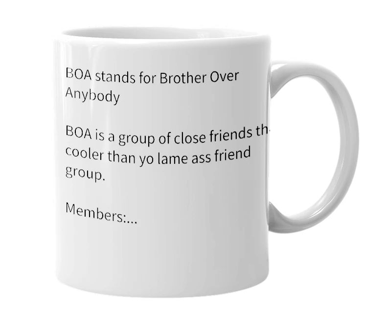White mug with the definition of 'BOA'