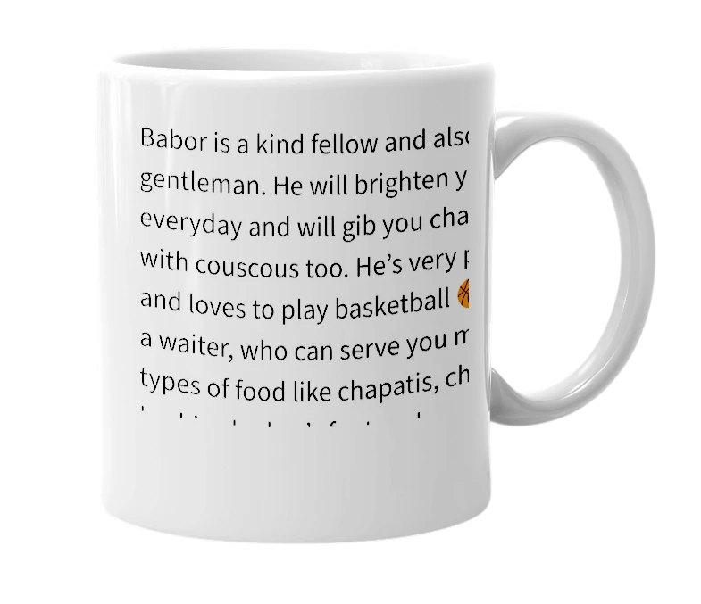 White mug with the definition of 'babor rajasundaram isgara'