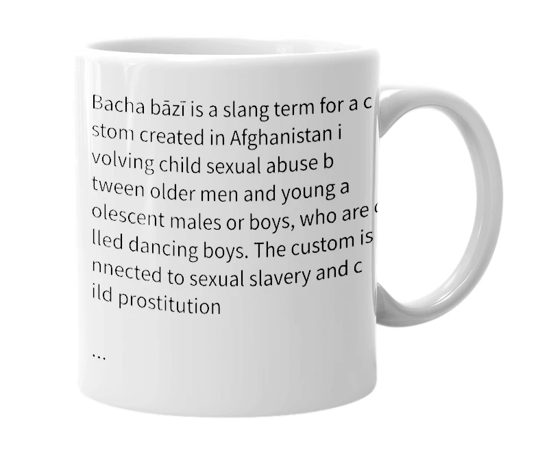 White mug with the definition of 'Bacchabazi'