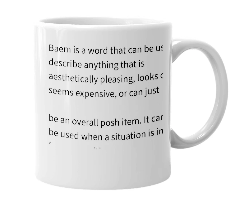White mug with the definition of 'baem'