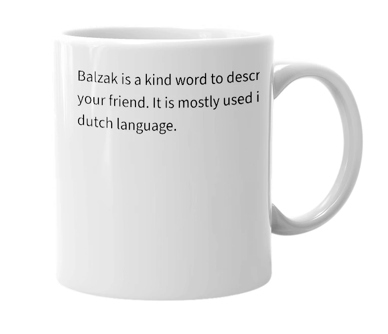 White mug with the definition of 'Balzak'
