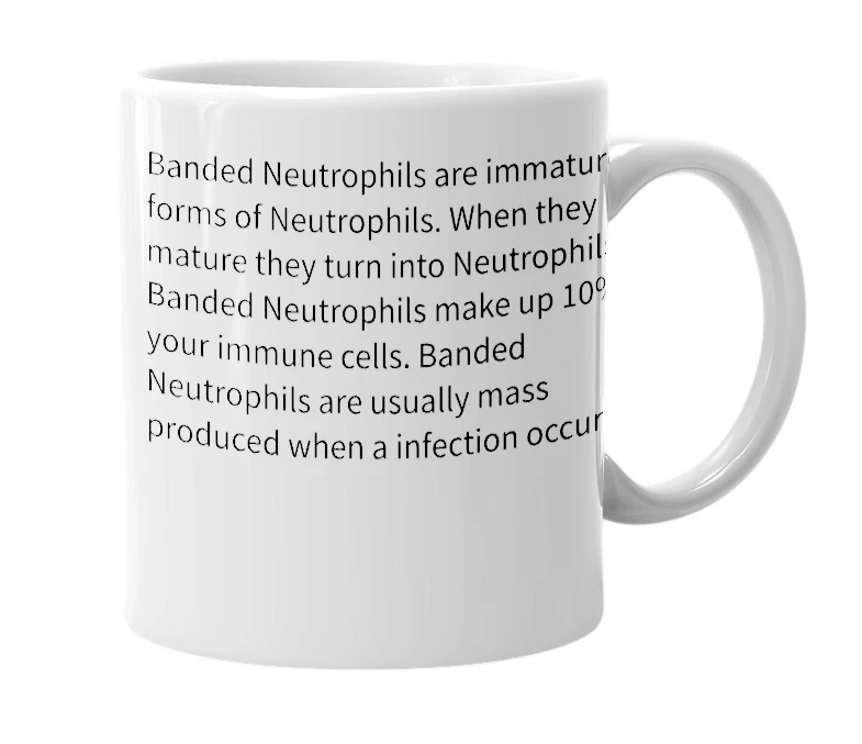 White mug with the definition of 'Banded Neutrophils'