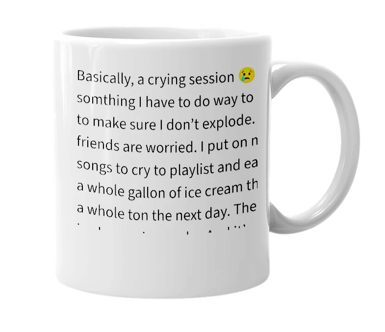 White mug with the definition of 'Crying session 😢'