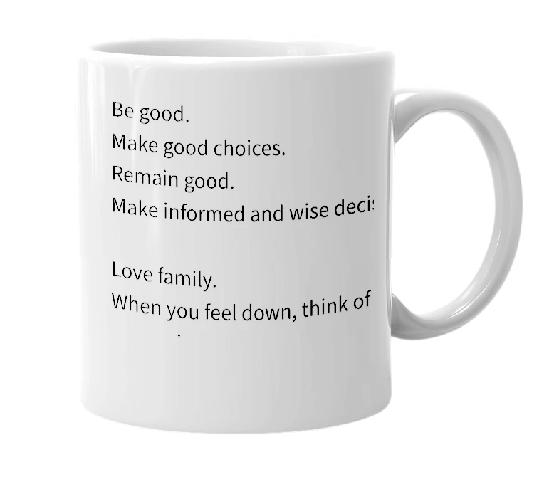 White mug with the definition of 'Be good'
