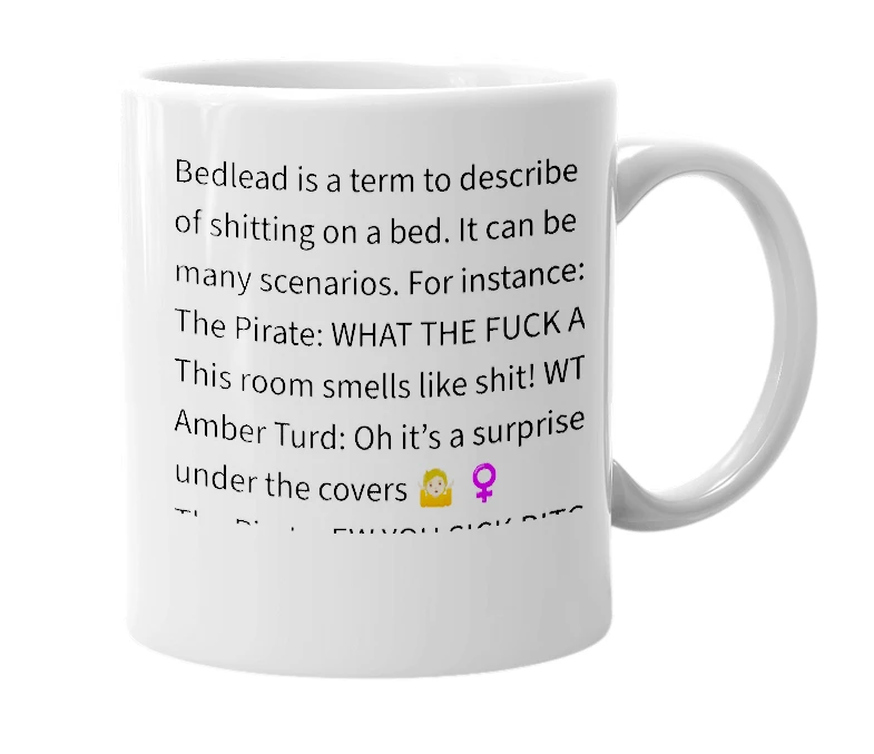 White mug with the definition of 'Bedlead'