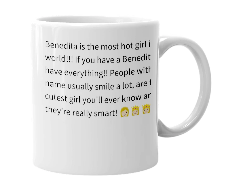 White mug with the definition of 'Benedita'