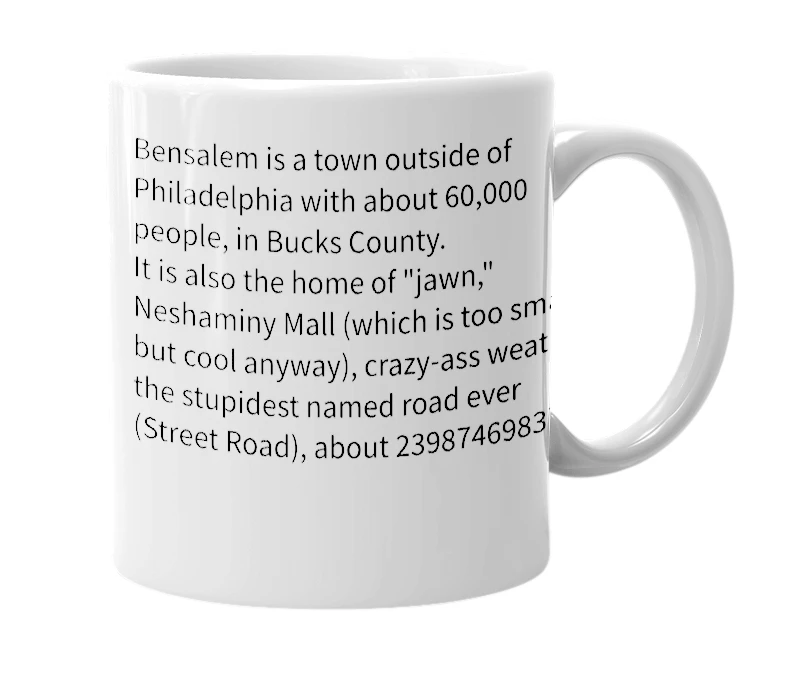 White mug with the definition of 'Bensalem'