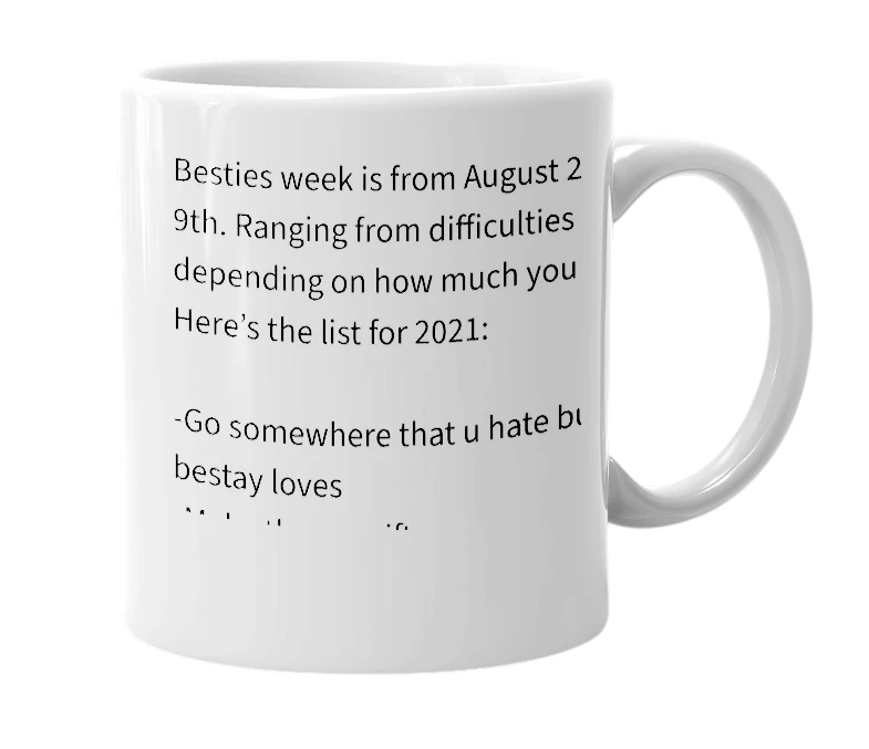White mug with the definition of 'Besties week'