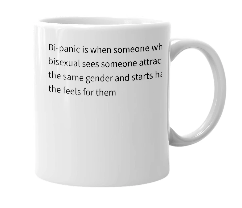 White mug with the definition of 'Bi-panic'