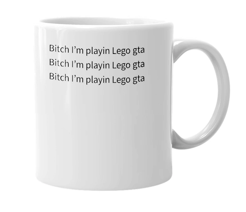 White mug with the definition of 'Lego Gta'
