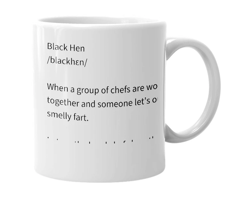 White mug with the definition of 'Black Hen'